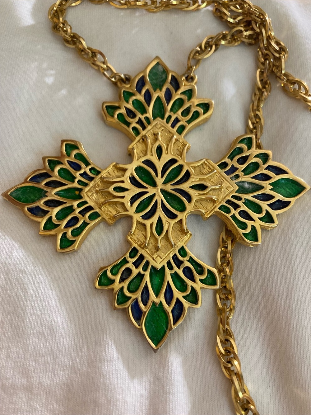 Lupe Signed Vintage Large Maltese Cross Blue Green Enameled Pendant Necklace